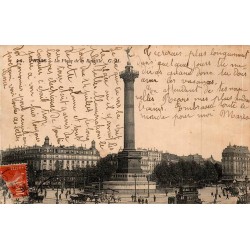 Carte postale ancienne de la place de la Bastille à Paris avec la Colonne de Juillet, vue animée vers 1912.
