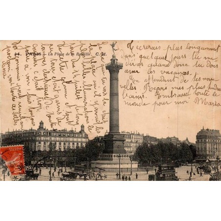 Carte postale ancienne de la place de la Bastille à Paris avec la Colonne de Juillet, vue animée vers 1912.