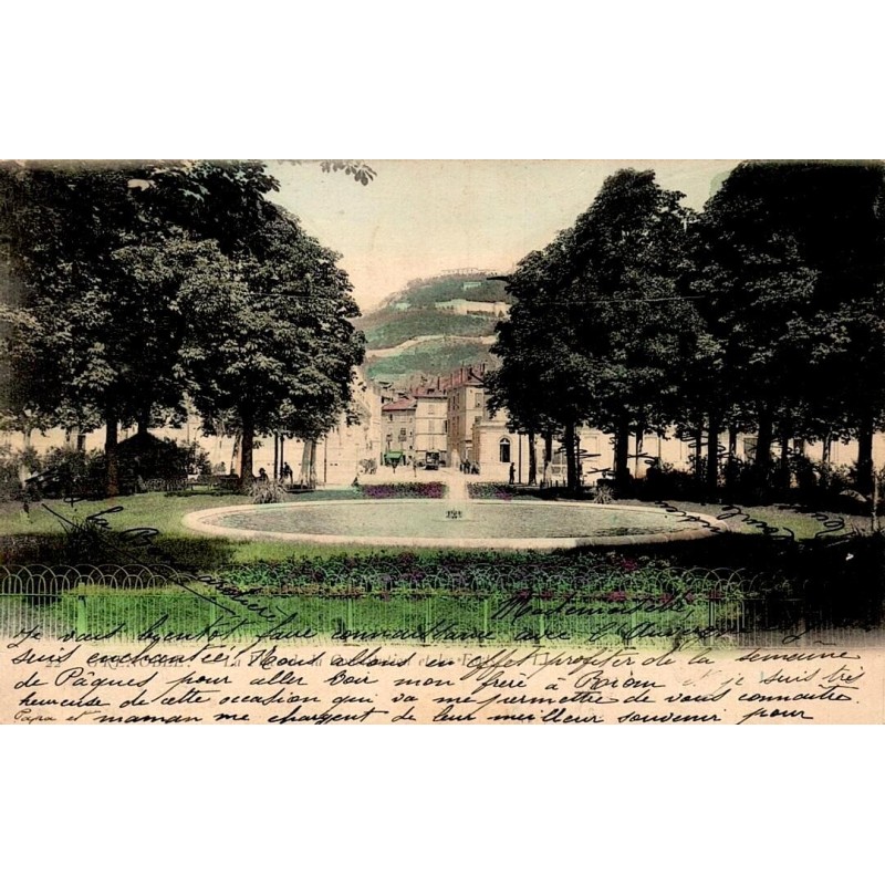 Carte postale ancienne du Jardin de Ville de Grenoble avec bassin, colorisée et circulée en 1904.