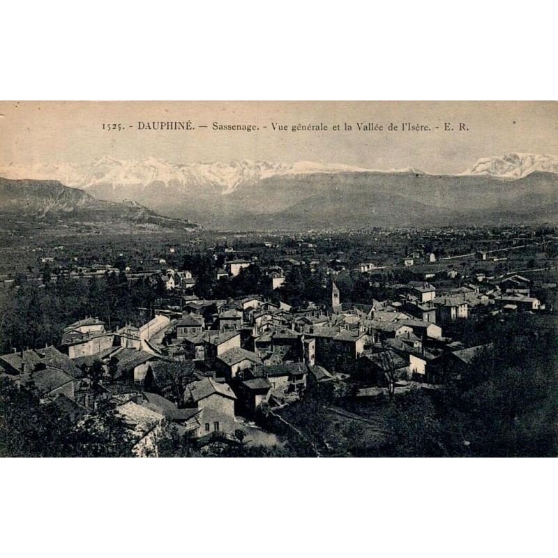 Carte postale ancienne de Sassenage avec vue générale sur le village et la vallée de l’Isère en 1921