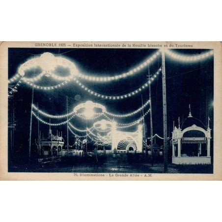 Carte postale ancienne de l'Exposition de Grenoble 1925 montrant les illuminations de la Grande Allée de nuit