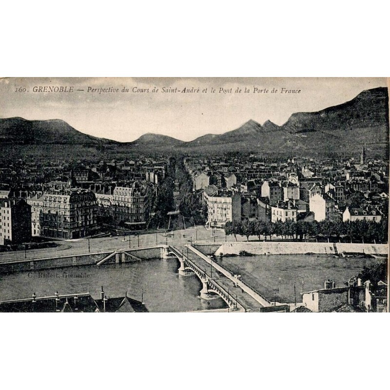 Carte postale ancienne de Grenoble montrant le Cours Saint-André et le pont de la Porte de France